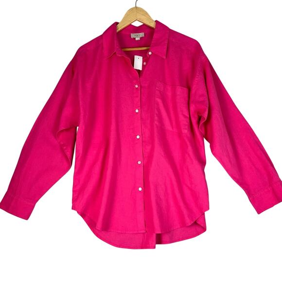 Linen Blend Button Down Tunic Shirt Women Large Pink Relaxed Loft New With Tags - Picture 1 of 9